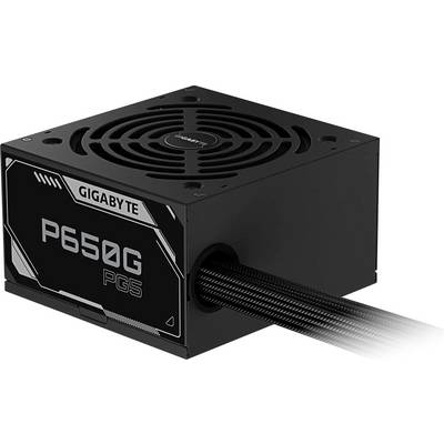 A Gigabyte P650G tápegység fekete és elegáns dizájnnal, felső hűtőventilátor és kábelkimenetek jellemzik, alkalmas számítógépes konfigurációkhoz.
