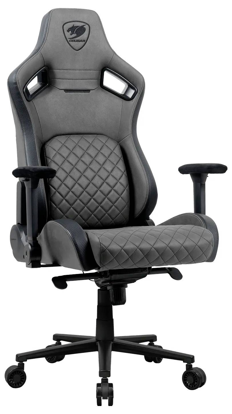 Fekete ergonómiai gamer szék gyémánt mintás kárpitozással, állítható kartámlákkal, deréktámasszal és ötkerekű talpazattal szürke háttér előtt.