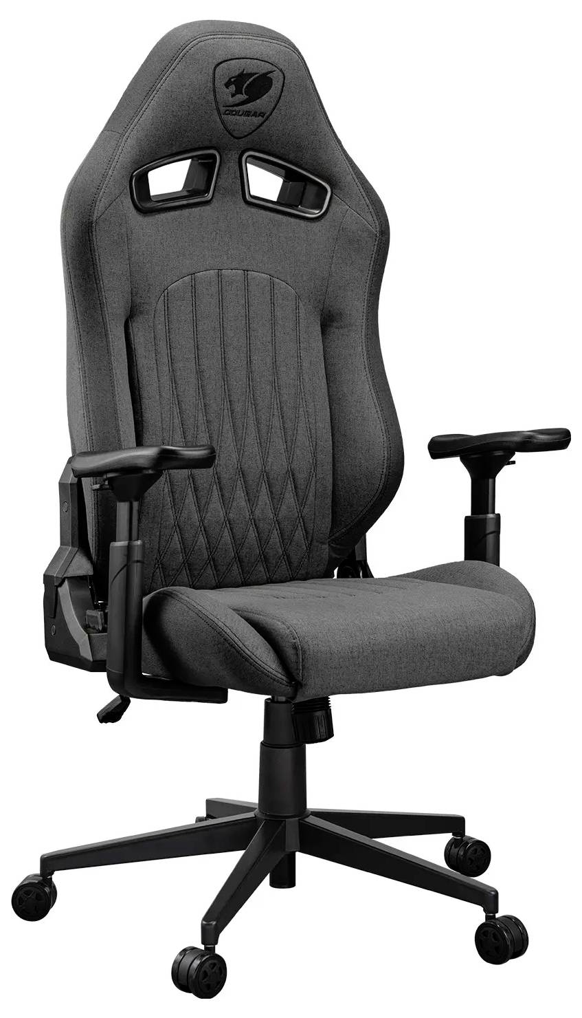 Egy szürke ergonomikus gamer szék, állítható kartámaszokkal, deréktámasszal és ötkerekű talpazattal, amelyet a kényelmes és funkcionális játékélmény érdekében terveztek.