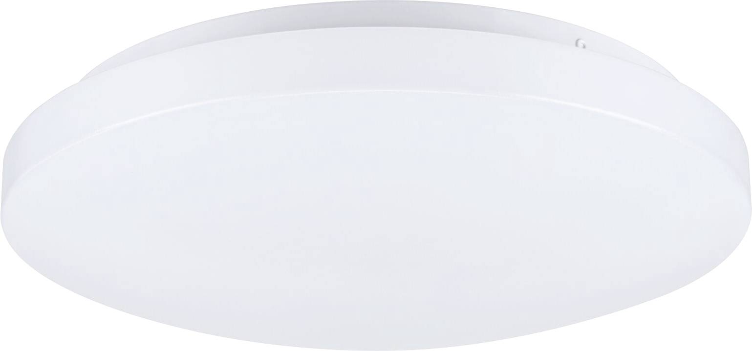 Egy kerek, fehér mennyezeti lámpatest minimalista kialakítással, modern enteriőrökhöz illeszkedően.