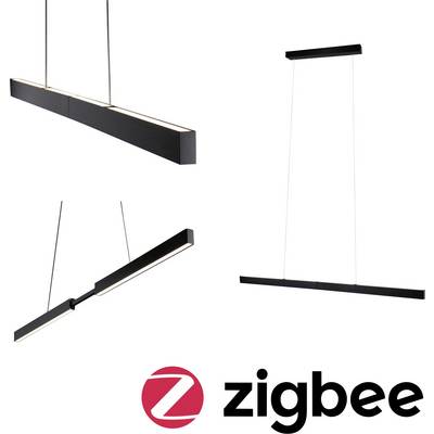 Egy modern, fekete lineáris függőlámpa három nézete látható. Egy piros 'Z' logó jelenik meg alul a 'zigbee' szöveggel.