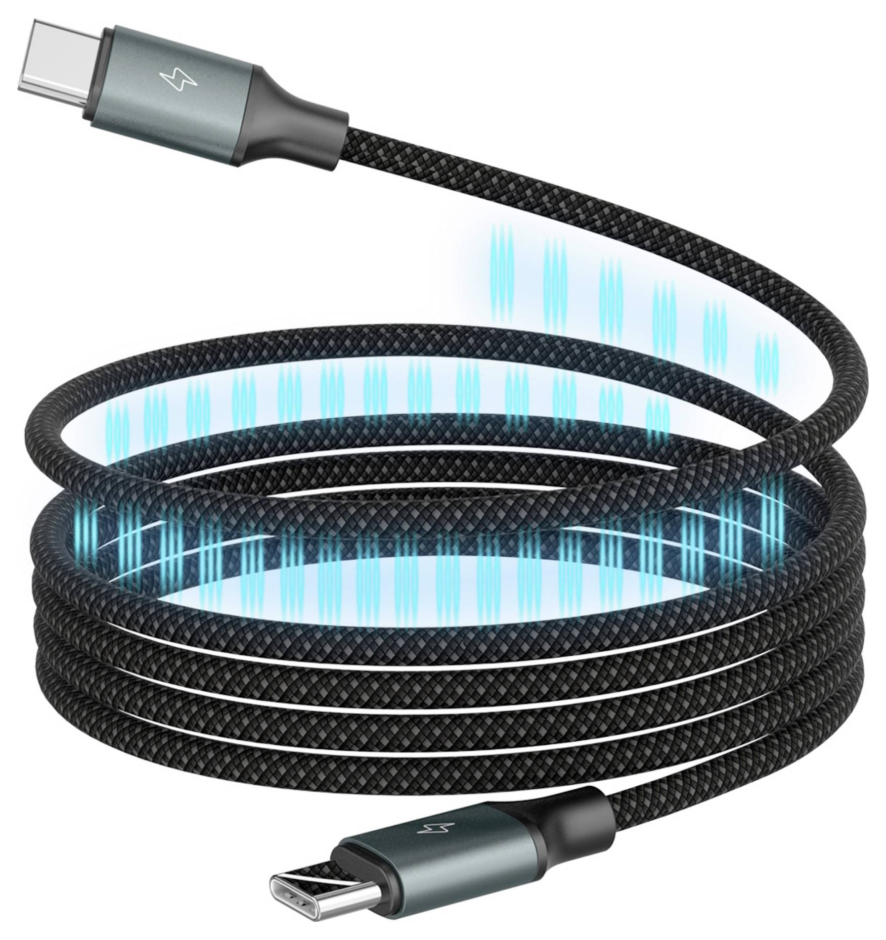 Kék fénnyel világító, spirálisan tekeredő USB-kábel, amely mindkét végén USB-C csatlakozóval rendelkezik és az adatátvitelt szimbolizálja.