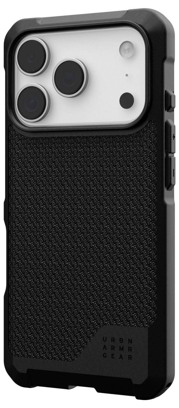 Fekete telefontok rücskös textúrával, háromszoros kameraobjektívvel rendelkező okostelefont védve, Urban Armor Gear márkajelzéssel ellátva.