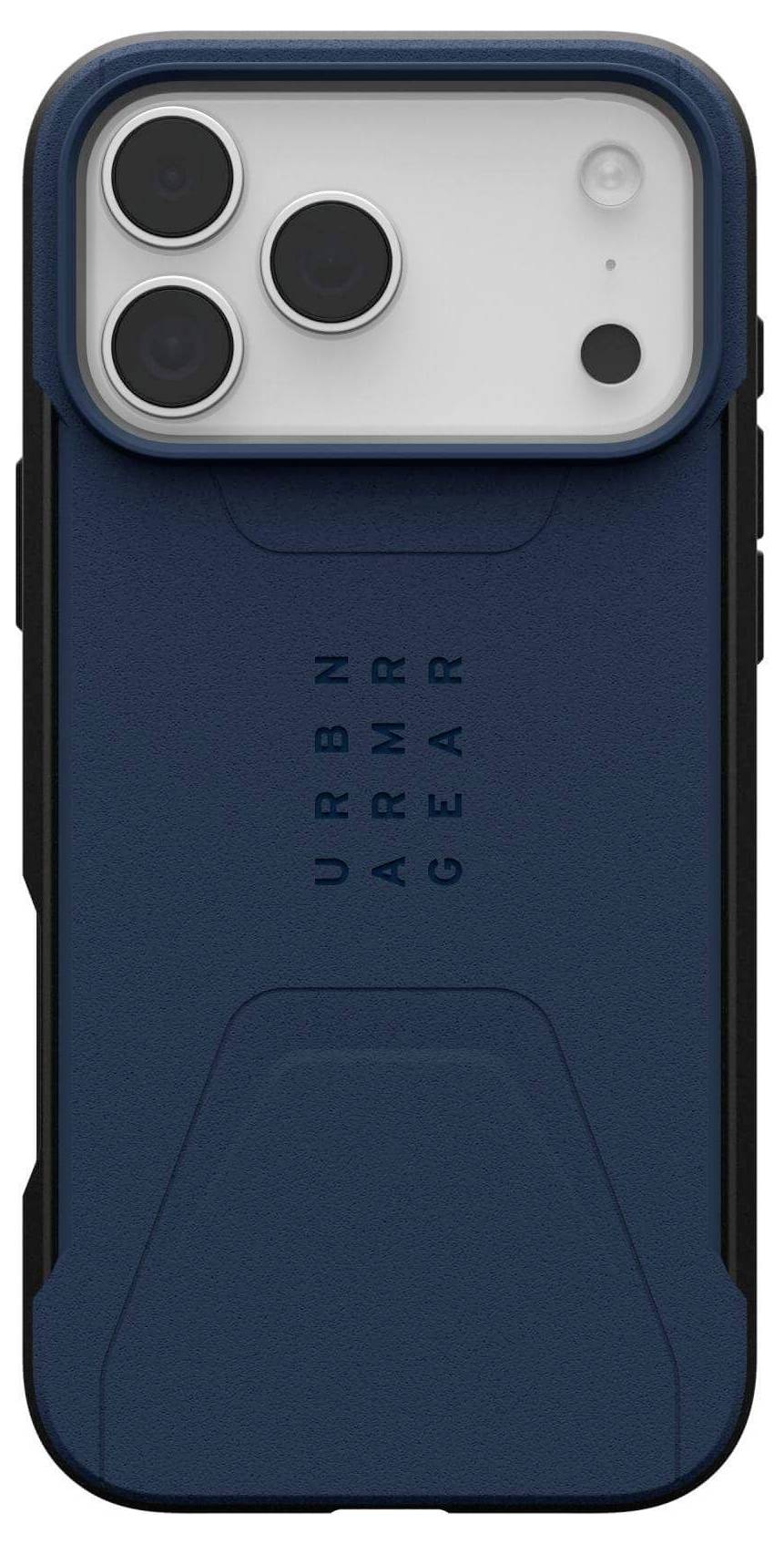 Egy kék védőtok telefonhoz három kamera lencse kivágással, 'Urban Armor Gear' felirattal.