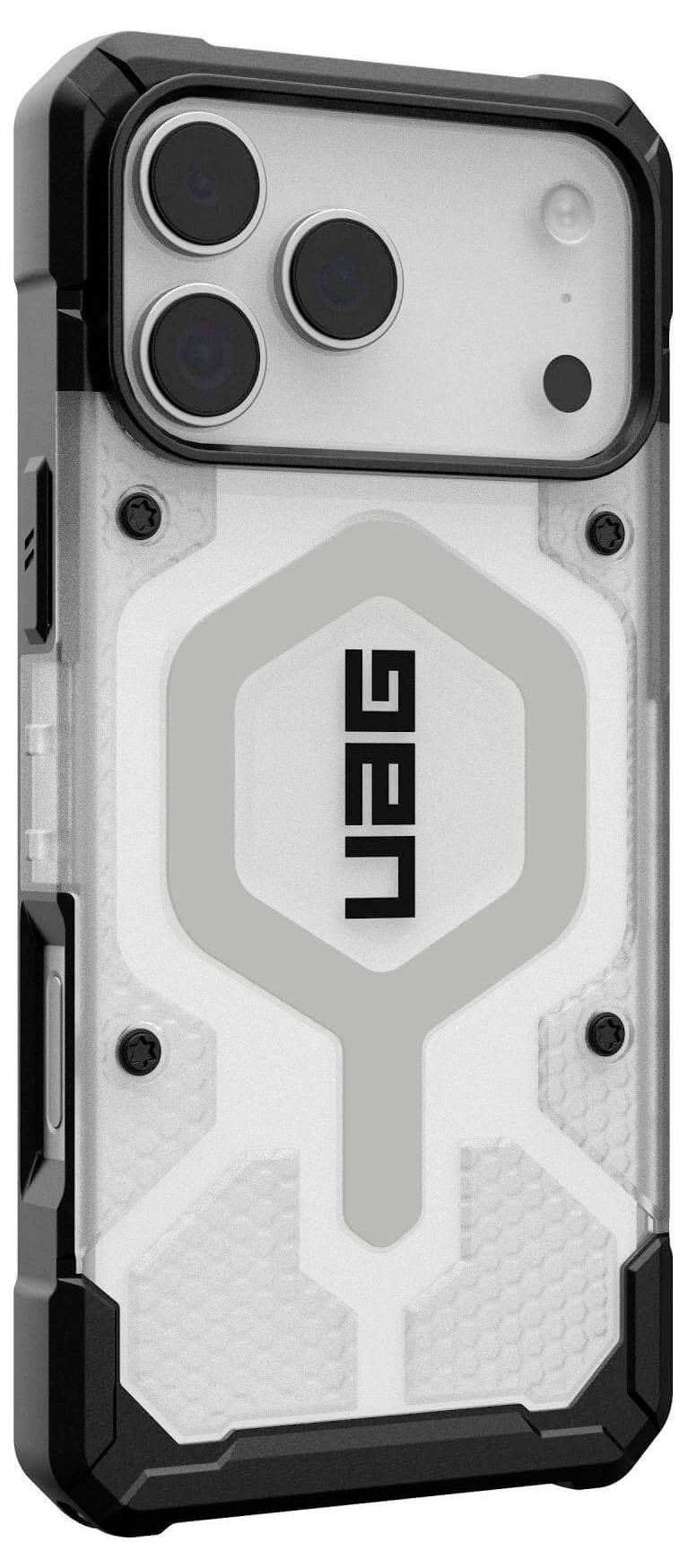 Erős mobiltelefon tok fekete szélekkel és hatszögletes mintázattal, védelemre tervezve, hátoldalán UAG logóval.