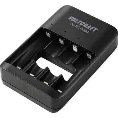 Négyes foglalatos AA/AAA elemtöltő, "VOLTCRAFT VC-BC-4100" felirattal, fehér háttérrel.