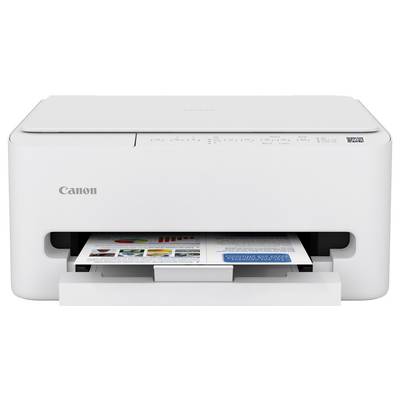 Egy fehér Canon multifunkciós nyomtató egy színes dokumentumot nyomtat. A nyomtatónak kompakt kialakítása van, kezelőgombokkal a tetején.