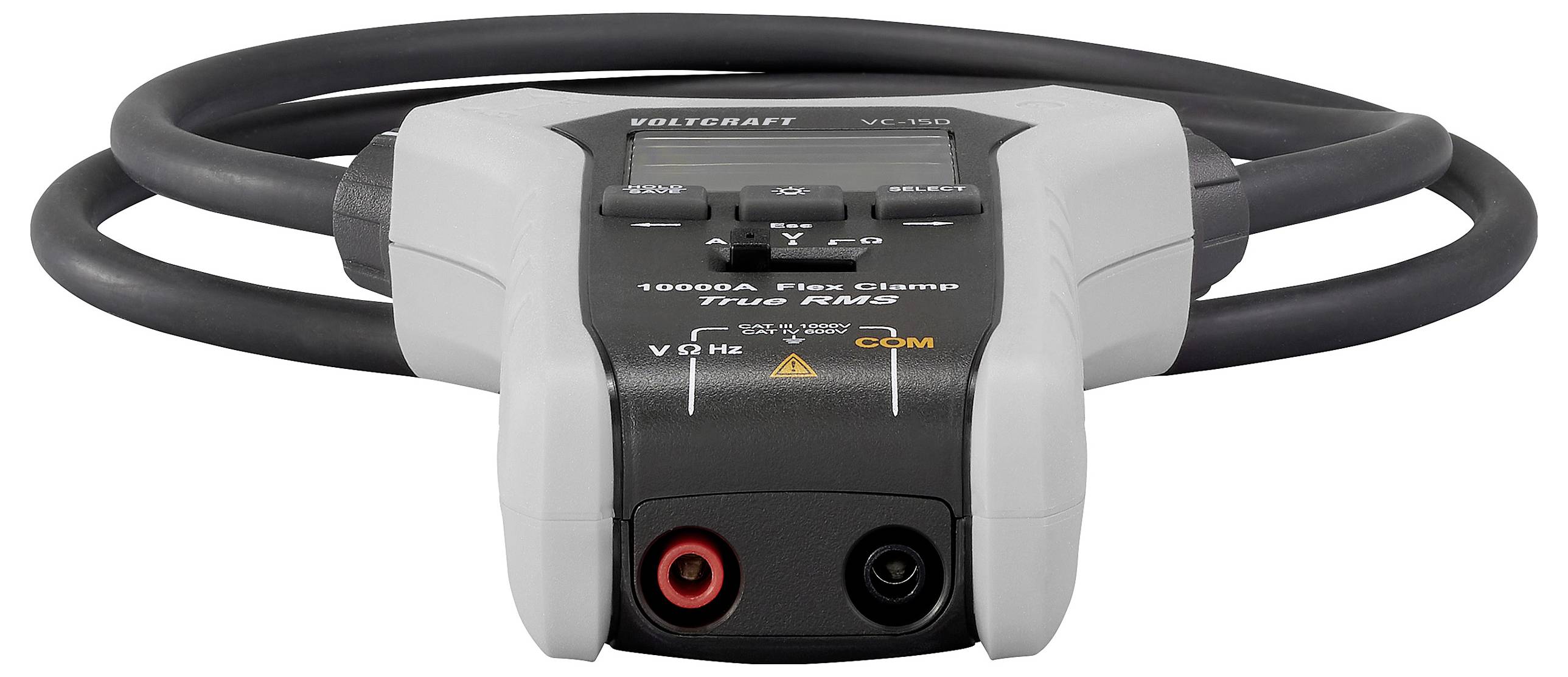 Egy Voltcraft flexibilis lakatfogó multiméter fekete spirálkábellel, amely két bemeneti csatlakozóval rendelkezik, amelyek a VΩHz és a COM felirattal vannak ellátva, és elektromos mérésekre tervezték.