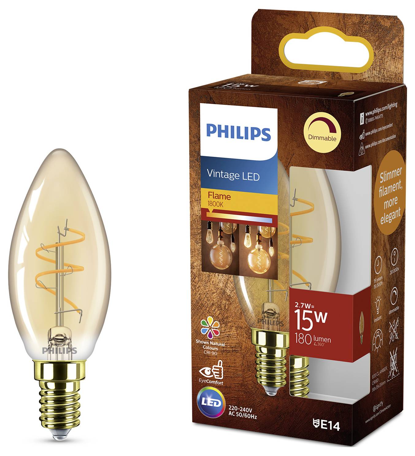 'Philips vintage LED izzó szabályozható funkcióval, 15W, 180 lumen, E14 foglalat. A doboz kiemeli az izzó lángszerű formatervezését és energiahatékonyságát.'