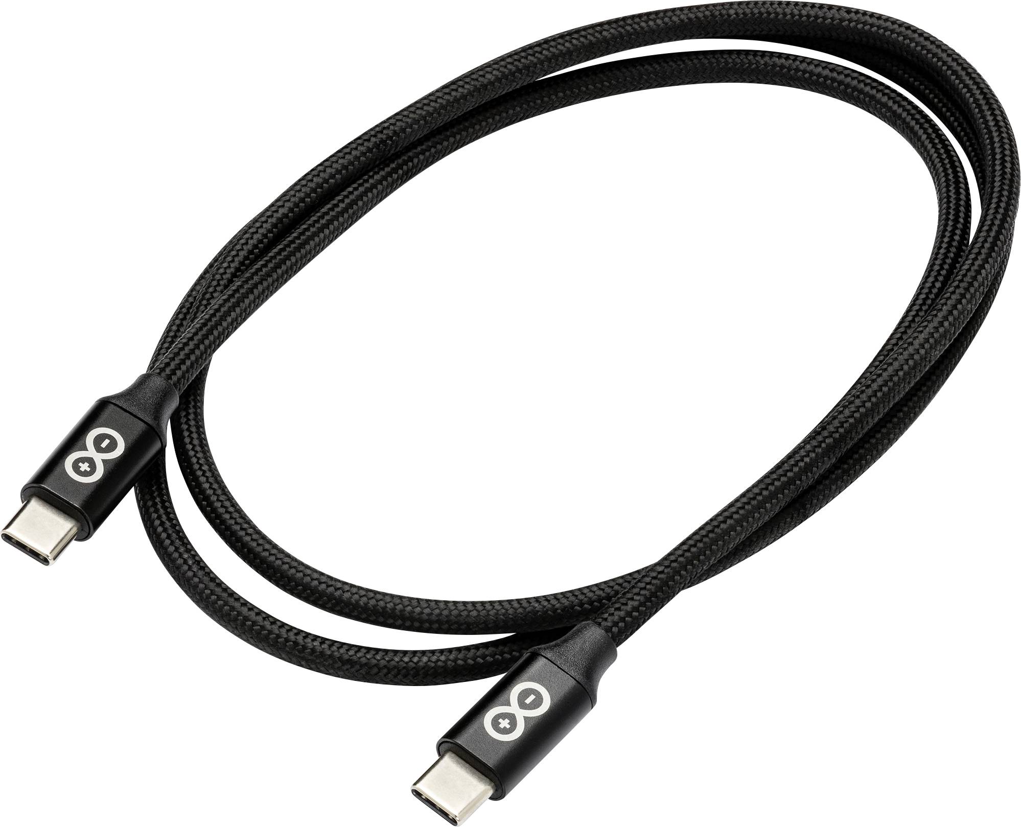 Fekete fonott USB-C töltőkábel USB-C csatlakozókkal mindkét végén.