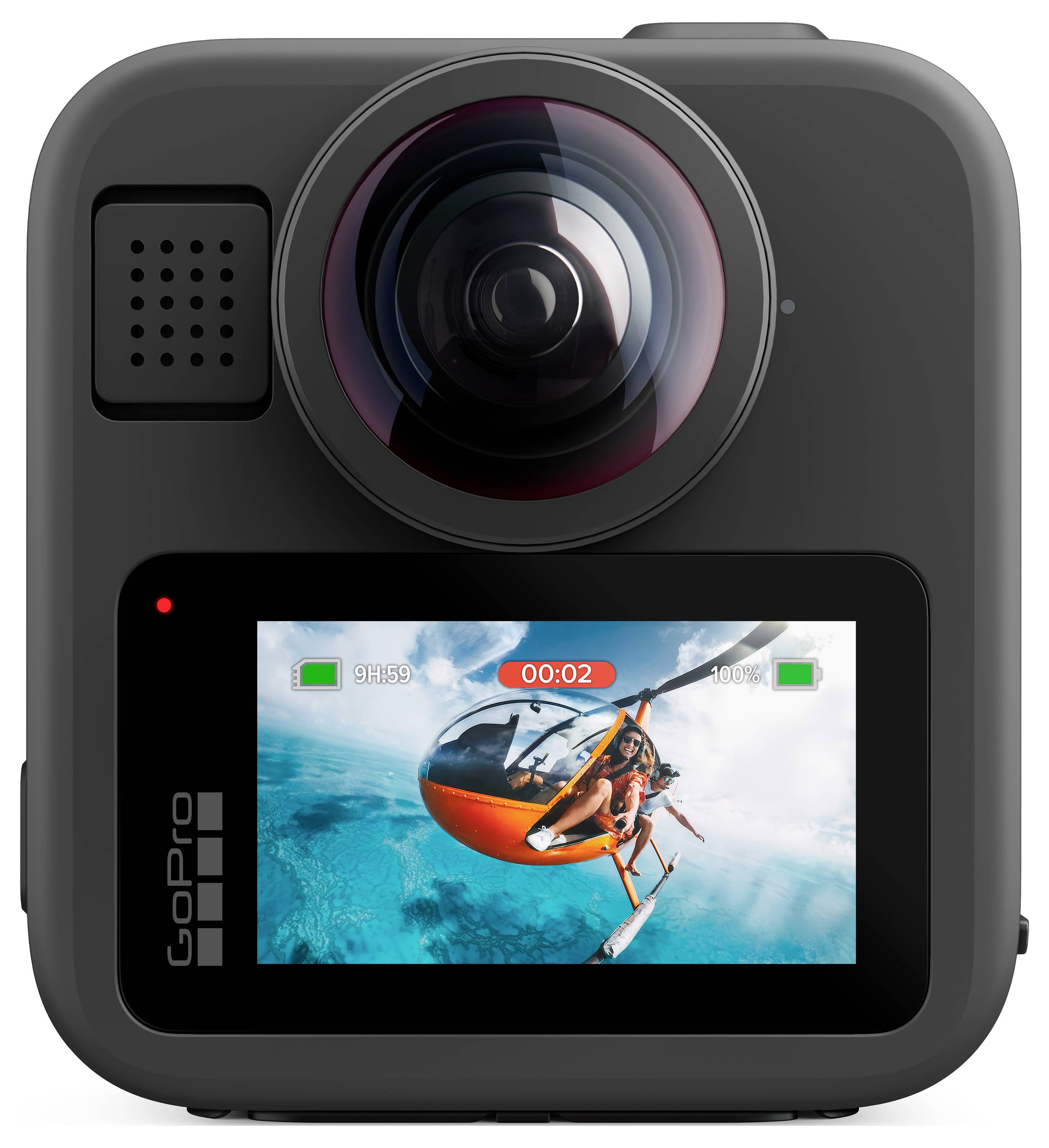 GoPro kamera egy előnézeti képernyővel, amely egy helikopter légi felvételét mutatja tiszta kék víz felett, egy kalandos jelenet rögzítése közben.