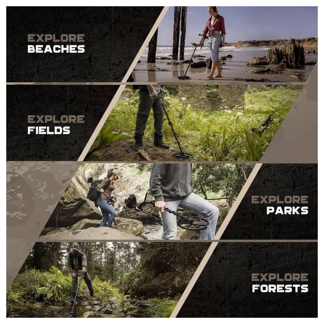 A 'Explore' képek embereket mutatnak, amint fémdetektorral keresnek tárgyakat tengerpartokon, mezőkön, parkokban és erdőkben. Minden helyszín más-más környezetet ábrázol.