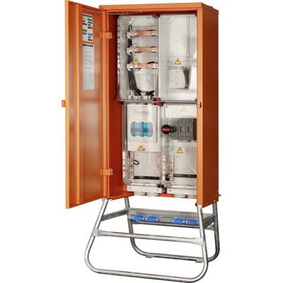 Egy narancssárga elektromos szekrény nyitott ajtókkal tárja fel a benne lévő biztosítékokat és vezetékeket. A szekrény egy fémkerethez van rögzítve.