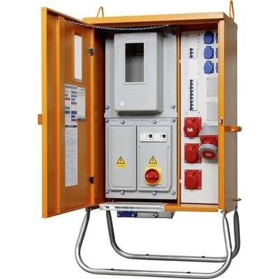 Egy narancssárga elektromos elosztószekrény nyitott ajtókkal, amelyben kapcsolók, aljzatok és egy vezérlőpanel láthatók; elektromos áramellátás irányítására használják.