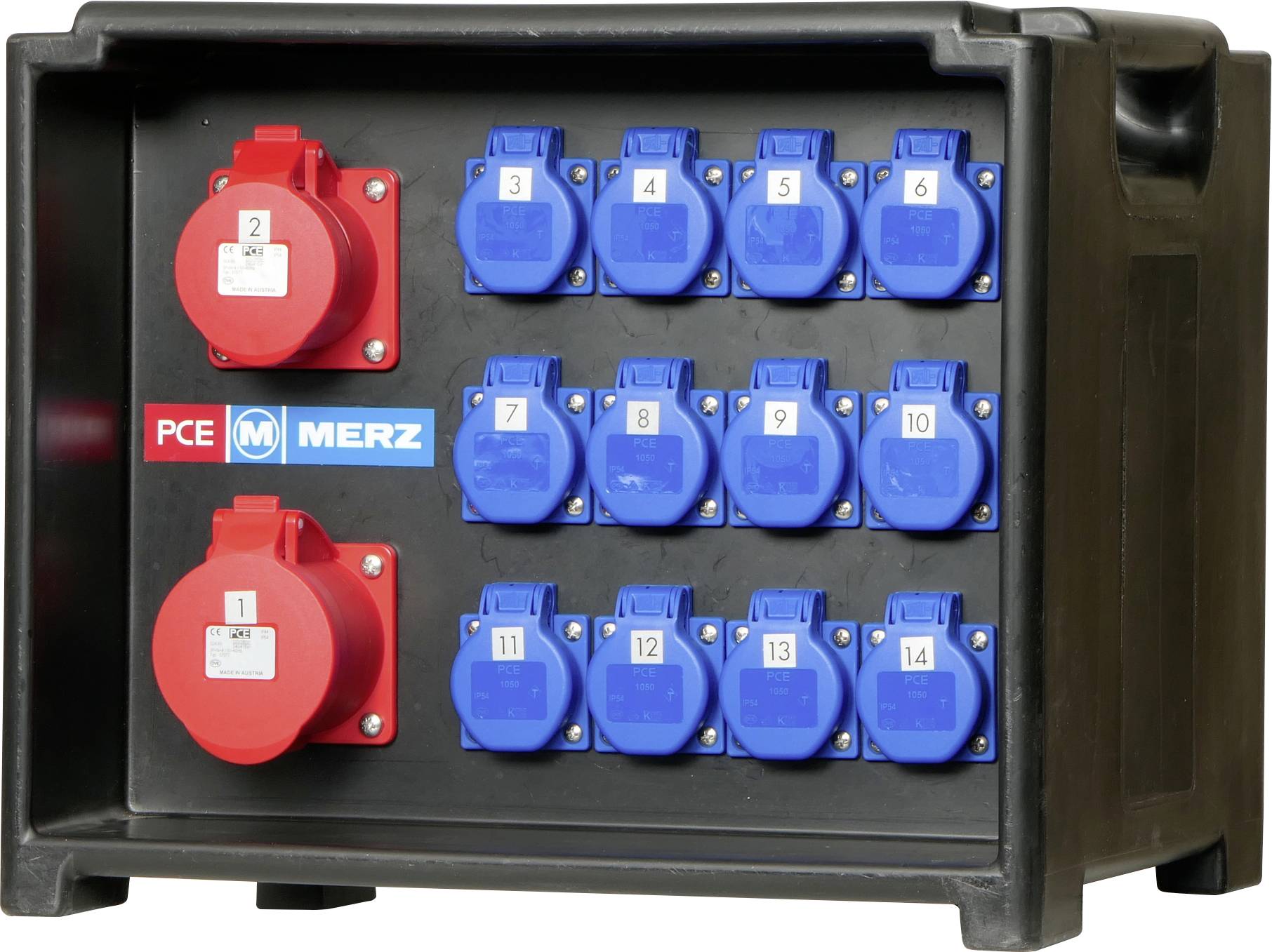 Elektromos elosztó doboz, amely két nagy piros és tizenkét kis kék foglalattal rendelkezik, 1-től 14-ig felcímkézve, áramellátás-kezelésre használva.
