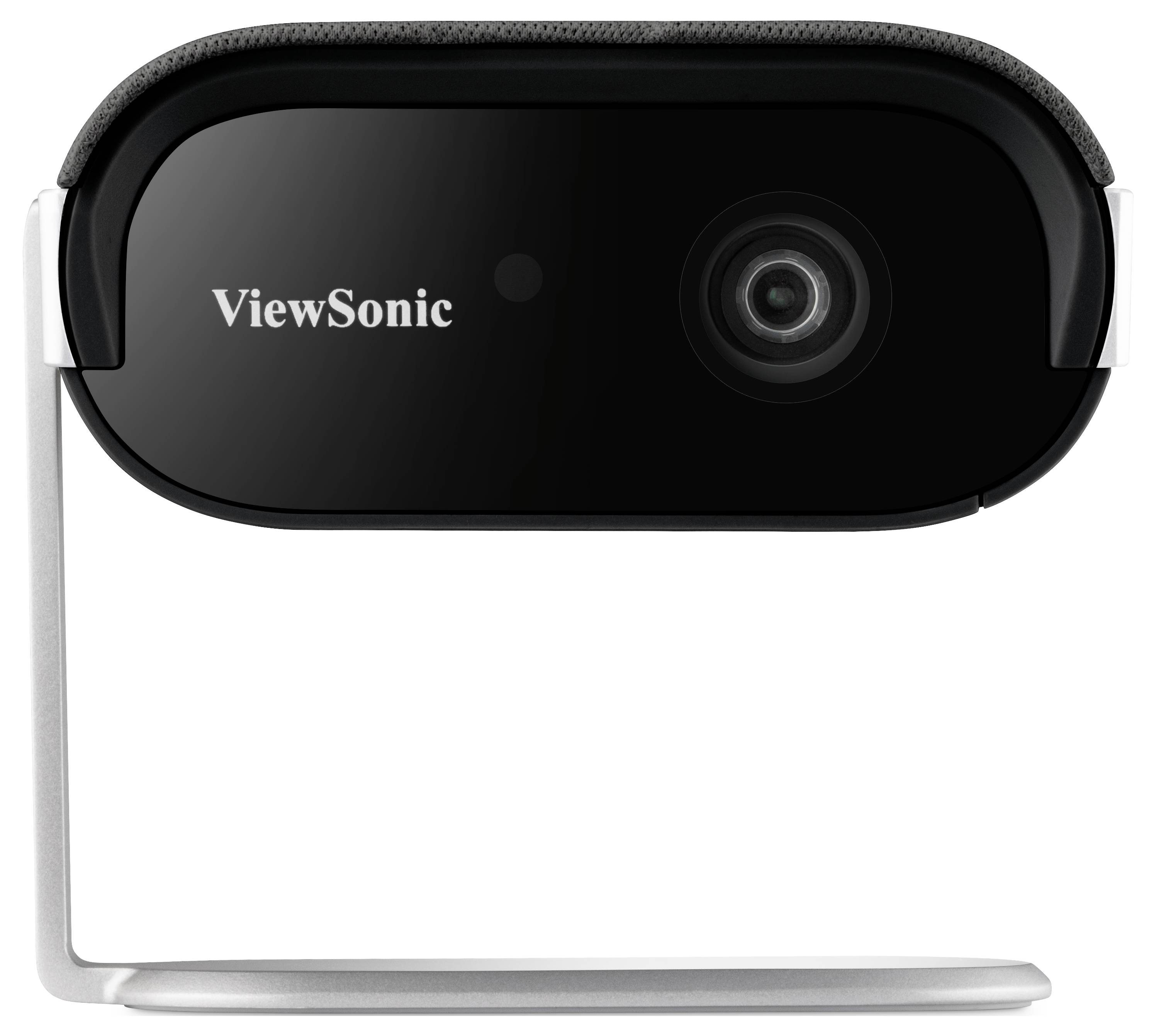 Egy ViewSonic webkamera ezüst állvánnyal és fekete burkolattal, központi kamera objektívvel, videokonferenciák és felvételek céljára tervezve.