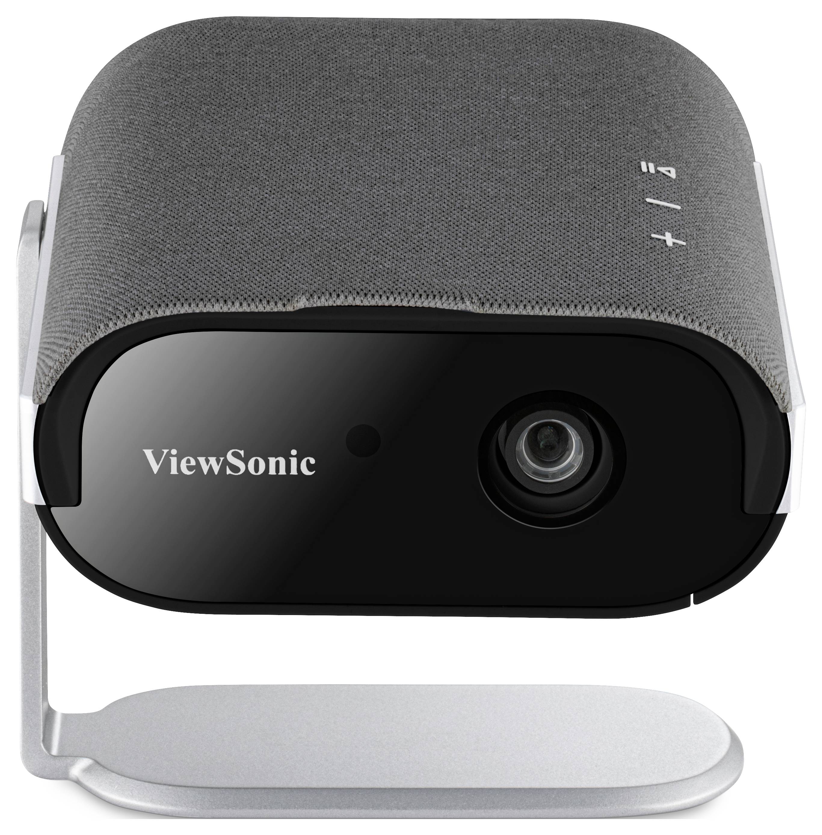 ViewSonic LED-projektor, szürke és fekete, tetején a be- és kikapcsoló és hangerő-szabályzó gombokkal, fém állvánnyal a állítható dőlésszög érdekében.
