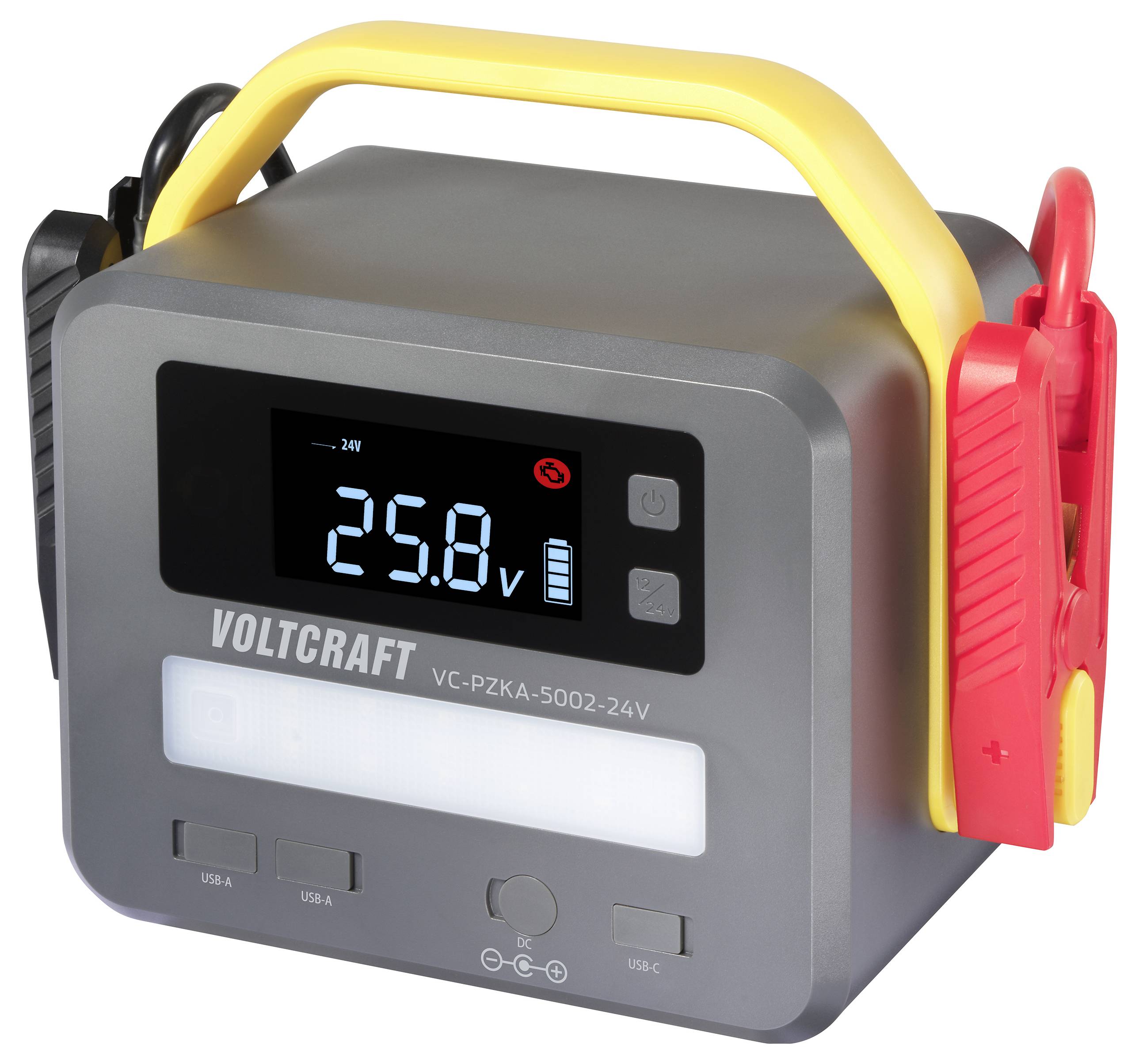 Hordozható akkumulátor indítóegység 25.8V-ot mutató kijelzővel, USB portokkal és nagy piros és fekete bilincsekkel, a „Voltcraft" márka alatt.