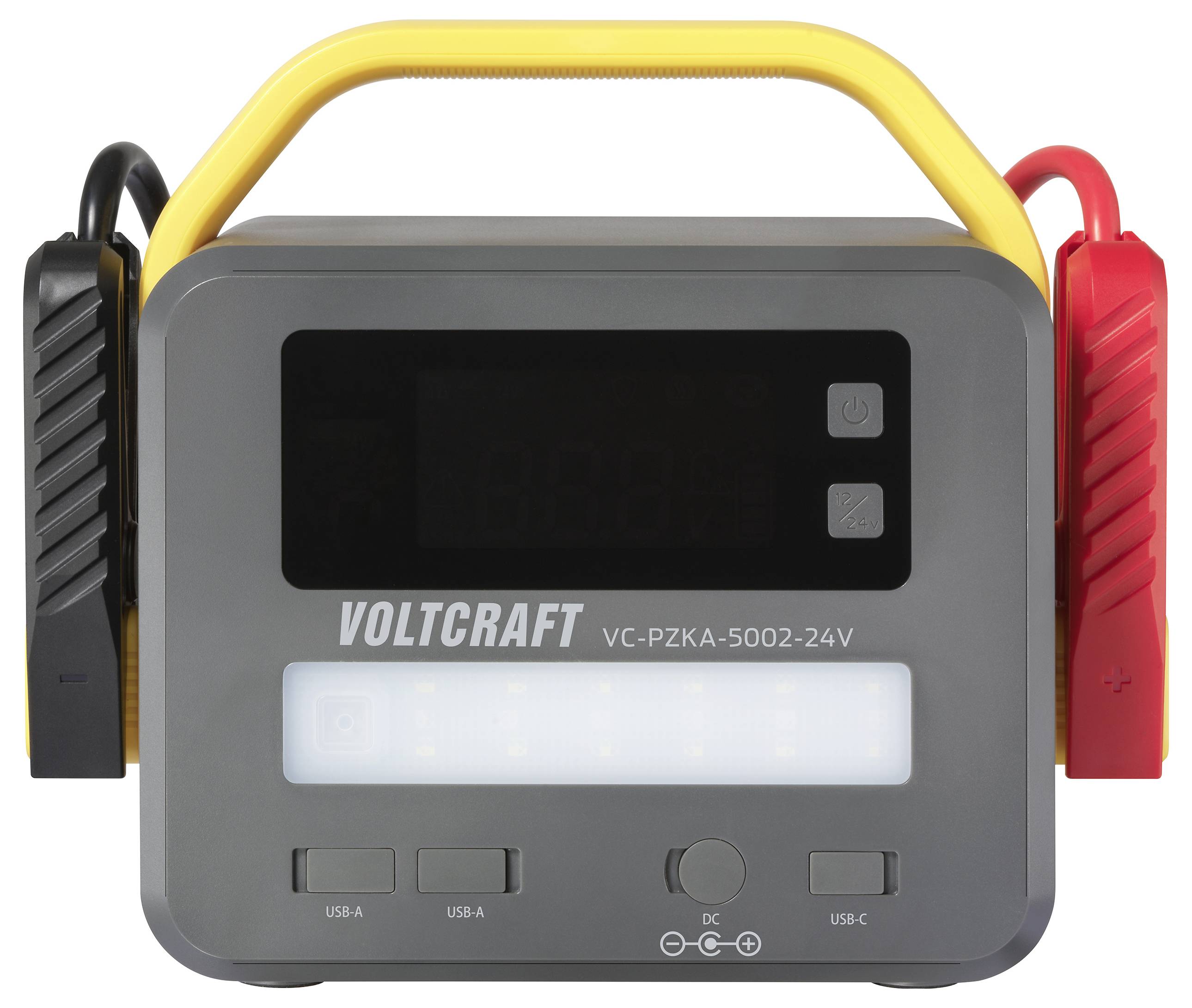 Hordozható akkumulátor töltő digitális kijelzővel, amelyet „VOLTCRAFT VC-PZKA-5002-24V" jelöléssel láttak el, USB portokkal és indítókábelekkel felszerelve.