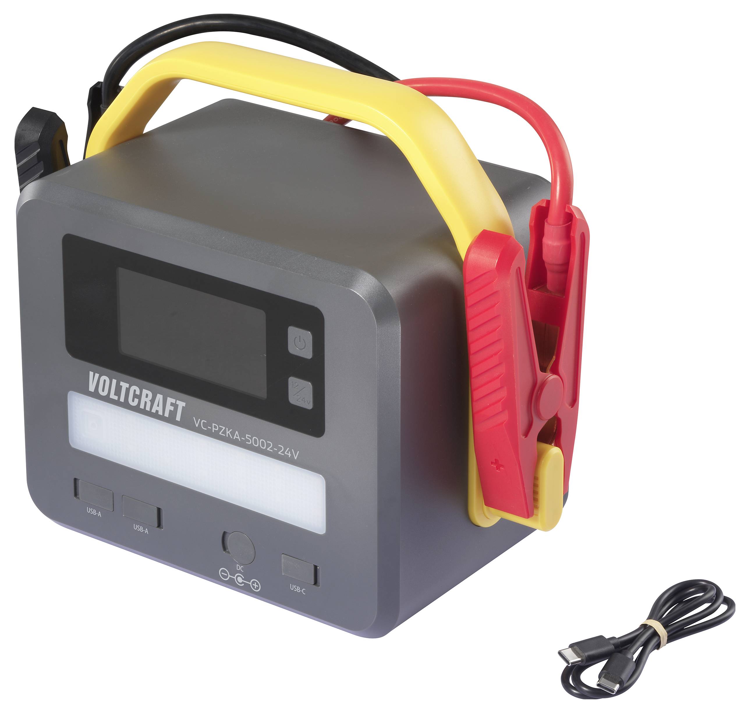 „Voltcraft VC-P2XA 5002-24V" hordozható akkumulátorbank kijelzővel, USB portokkal és indítókábel-csatlakozóval. Fekete szín, piros és sárga kiemelésekkel.