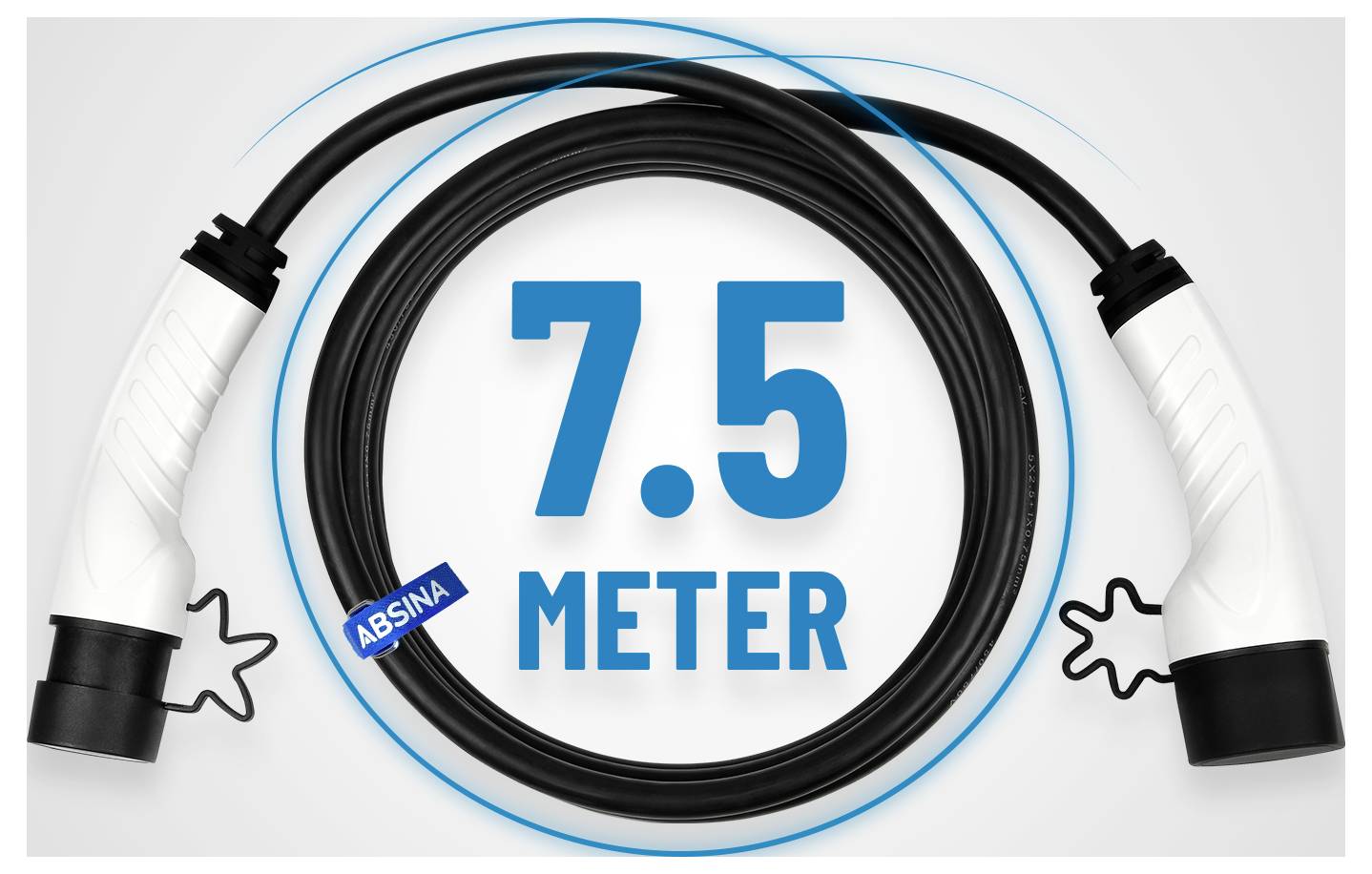 7,5 méteres kábel két fekete és fehér csatlakozóval, "ABSINA" felirattal, kékes árnyalatú díszítéssel gondosan feltekercselve.