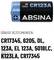 'Absina' márkájú akkumulátor, CR123A típus, 3V Lítium. Közismert megnevezések: CR17345, 6205, DL, 123A, EL 123A, 5018LC, K123LA, CR17345.