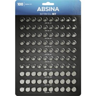 100 darabos ABSINA 1,5V alkáli gombelem csomag, típusok szerint felcímkézve: LR60/364/AG1, LR41/392/AG3 és egyéb típusok soronként feltüntetve.
