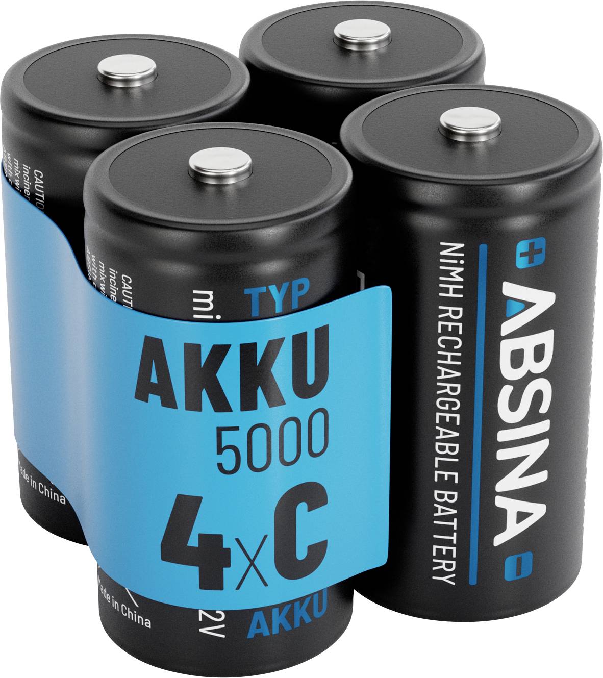 Négy Absina NiMH újratölthető akkumulátor egy csommagolásban, amelyen a 'AKKU 5000 4xC' felirat szerepel, jelezve a típust és a kapacitást.