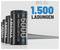 Egy fekete ABSINA akkumulátor közeli felvétele. A szöveg így szól: 'Típus 5000 min. 4500mAh LSDI C 1,2V'. A háttérben további akkumulátorok vannak elrendezve. Szöveg: 'Akár 1.500 töltés'.