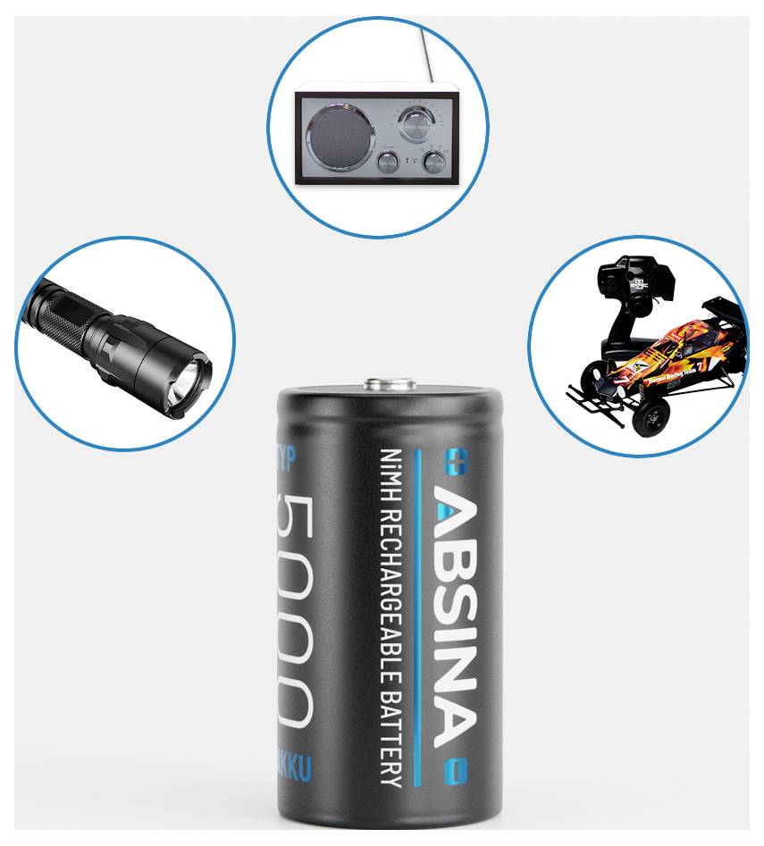 Egy fekete újratölthető akkumulátor, amely az 'ABSINA 5000' címkét viseli, egy zseblámpa, egy rádió és egy távirányítós autó képei által körülvéve mutatja kompatibilitását.