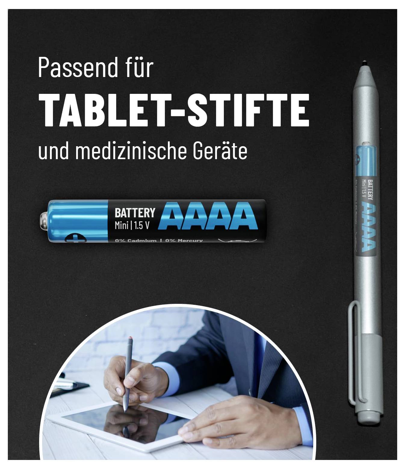 Akkumulátor és toll egy férfi hátának hátsó nézetével, aki egy tabletre ír. Szöveg: 'Kompatibilis tablet-tollakkal és orvosi eszközökkel'.