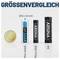 'Méretösszehasonlítás' mutat három elemet és egy 50 centes érmét. Elemek: Mini AAAA (8x42 mm), Micro AAA, AA. Érme méretarányként.