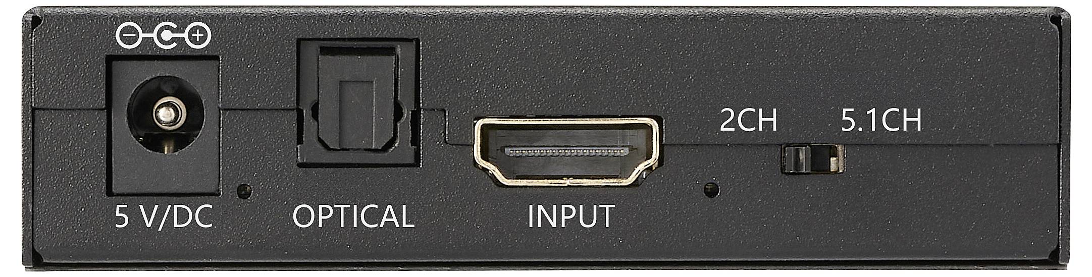 Egy audió konverter hátsó panelje 5V DC bemenettel, optikai porttal, HDMI bemenettel, és egy kapcsolóval, amely '2CS' és '5.1CS' között vált.