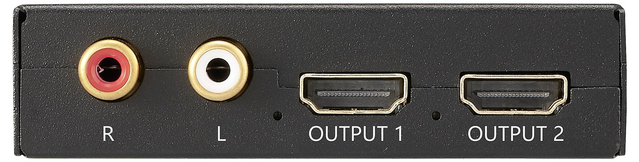 Egy fekete audió-videó eszköz piros és fehér jobb (R) és bal (L) bemeneti portokkal, valamint két, Output 1 és Output 2 feliratú HDMI kimeneti porttal.