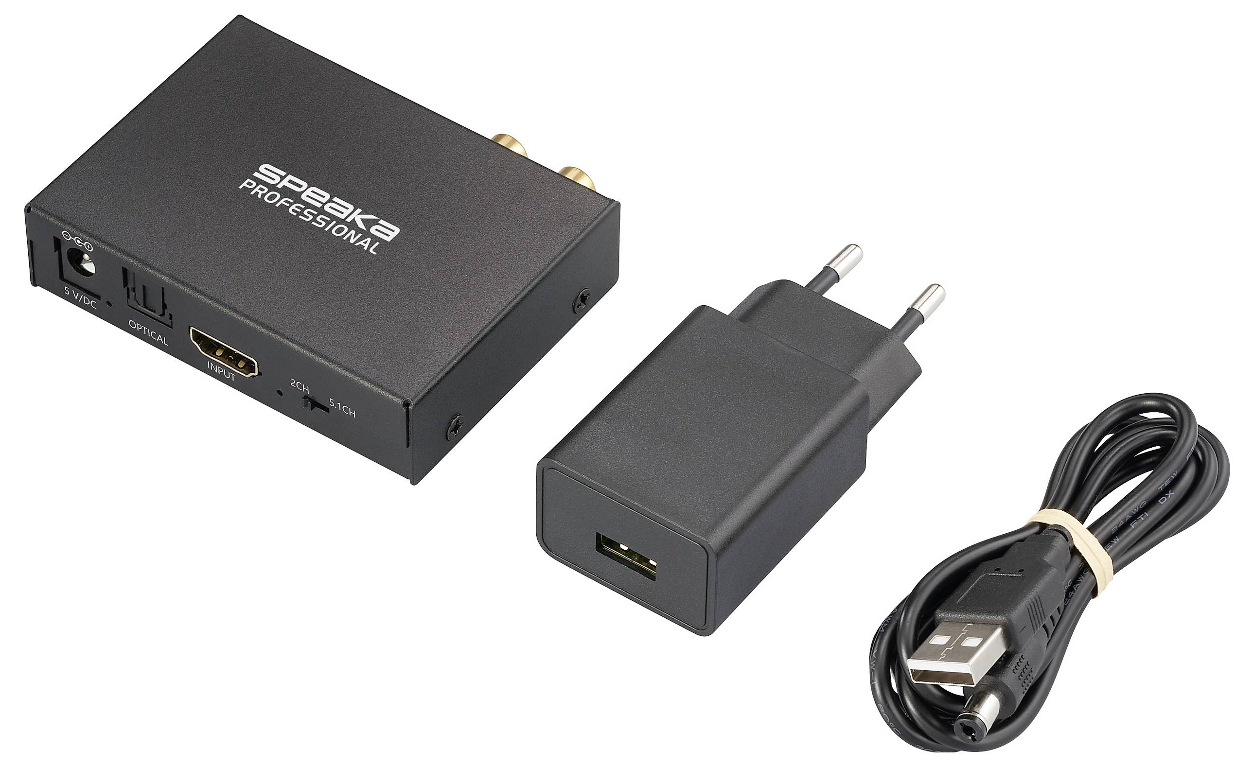 Fekete, „SpeaKa Professional" feliratú eszközt, hálózati adaptert és USB-kábelt tartalmazó audio adapter készlet.