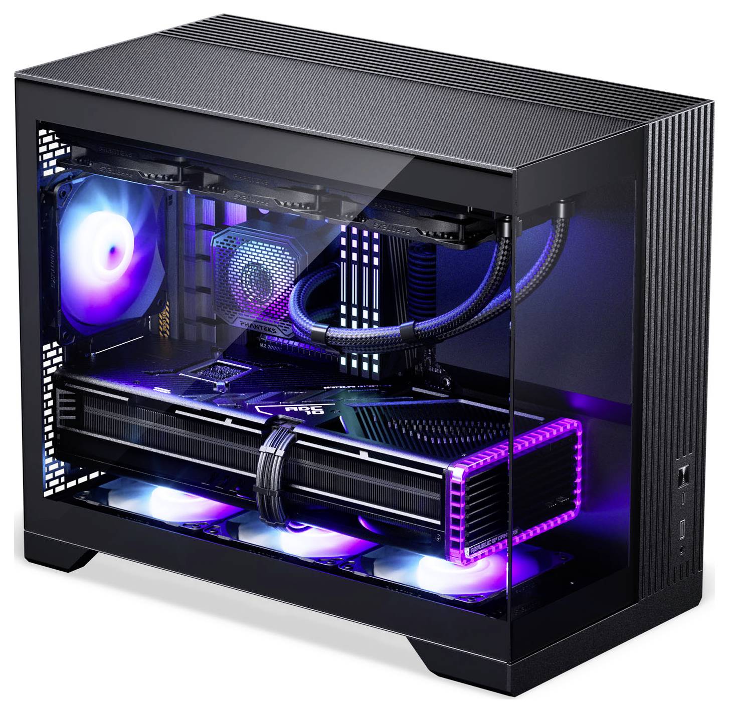 Egy karcsú gamer PC áttetsző oldalpanellel, amelyen RGB-megvilágítású komponensek láthatók, beleértve a videókártyát, hűtőventilátrokat és az alaplapot.