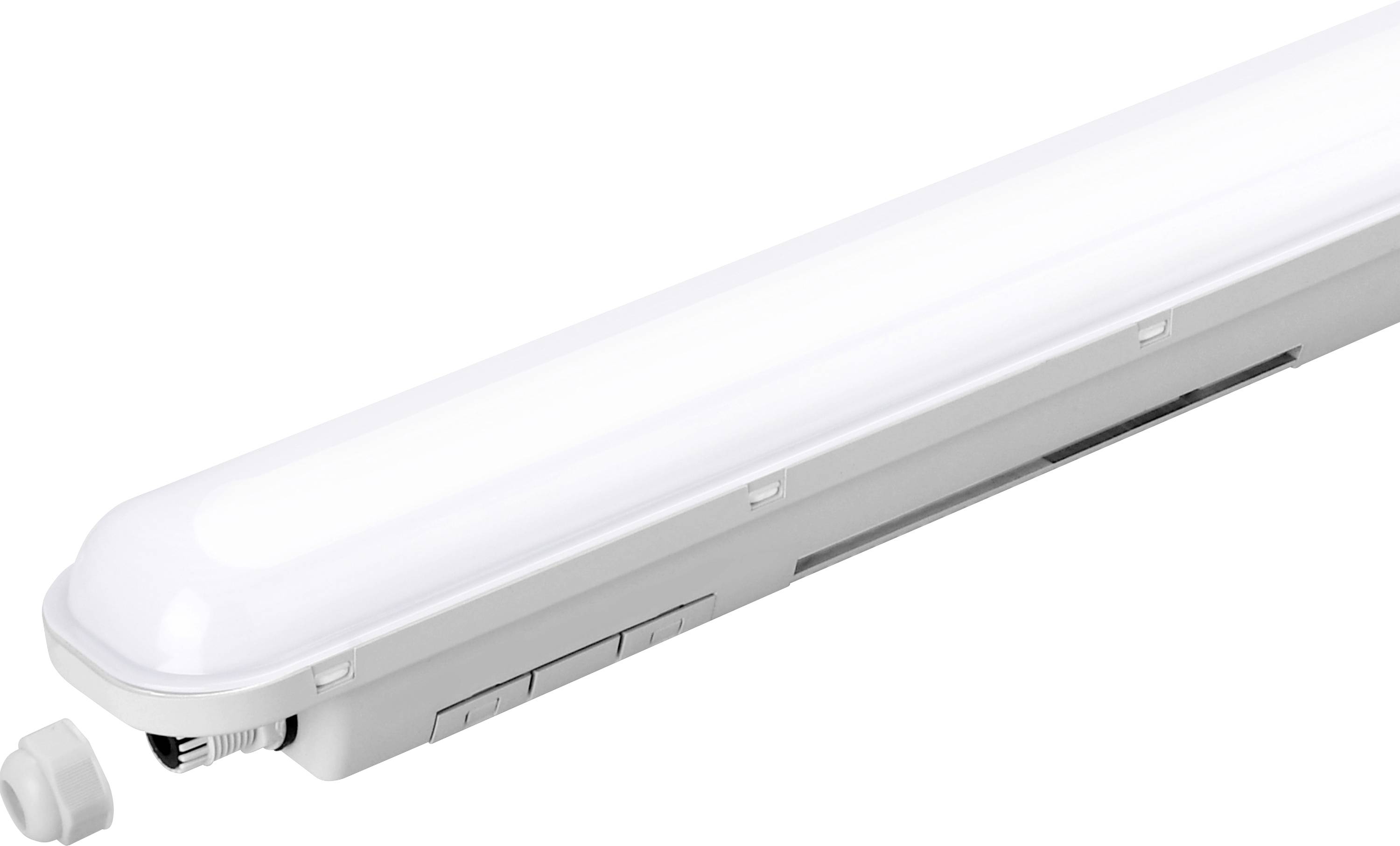 Egy hosszú, fehér LED-es lámpatest, elegáns, modern formatervezéssel, mennyezetre vagy falra egyaránt felszerelhető, amelyet jellemzően kereskedelmi vagy ipari terekben alkalmaznak.
