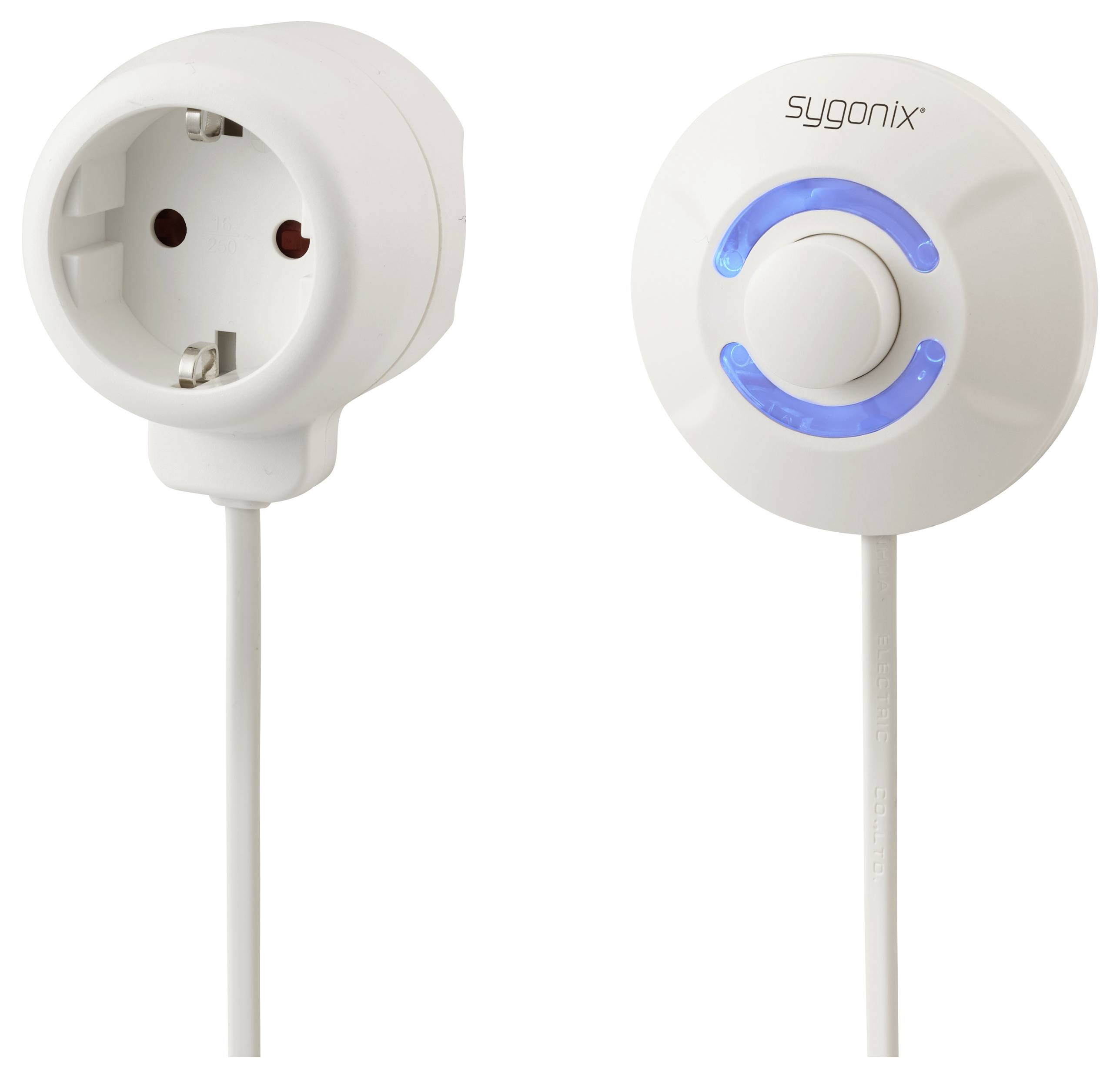 Két fehér elektromos dugalj adapter kék LED-es jelzőfényekkel, elölnézeti és oldalnézeti képen. A 'sygonix' márkanév látható.