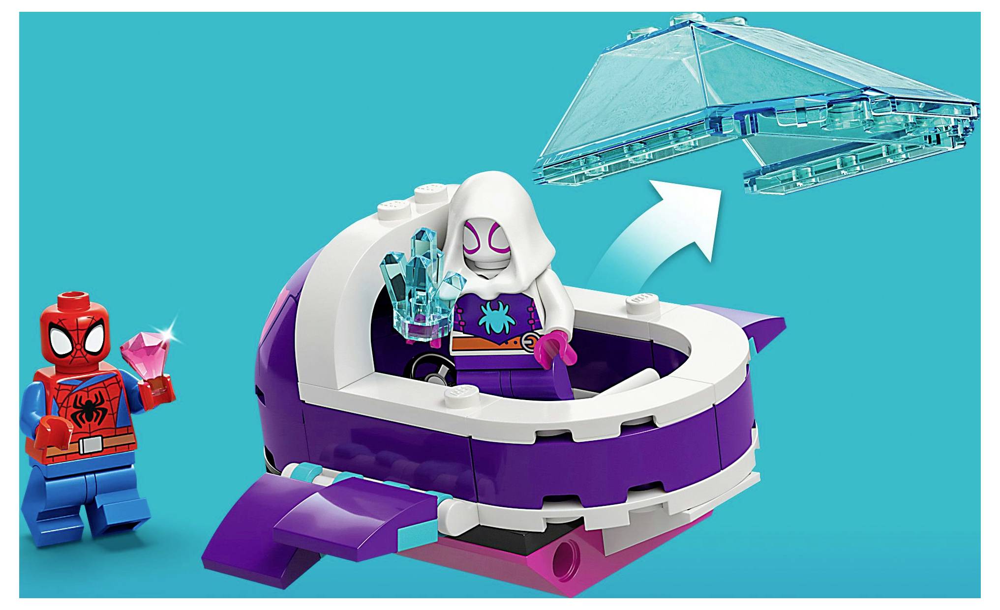 Lego szett egy Spider-Man figurával, aki egy rózsaszín drágakövet tart, és egy figura egy lila-fehérűrjárműben, amelynek levehető szárnya van.