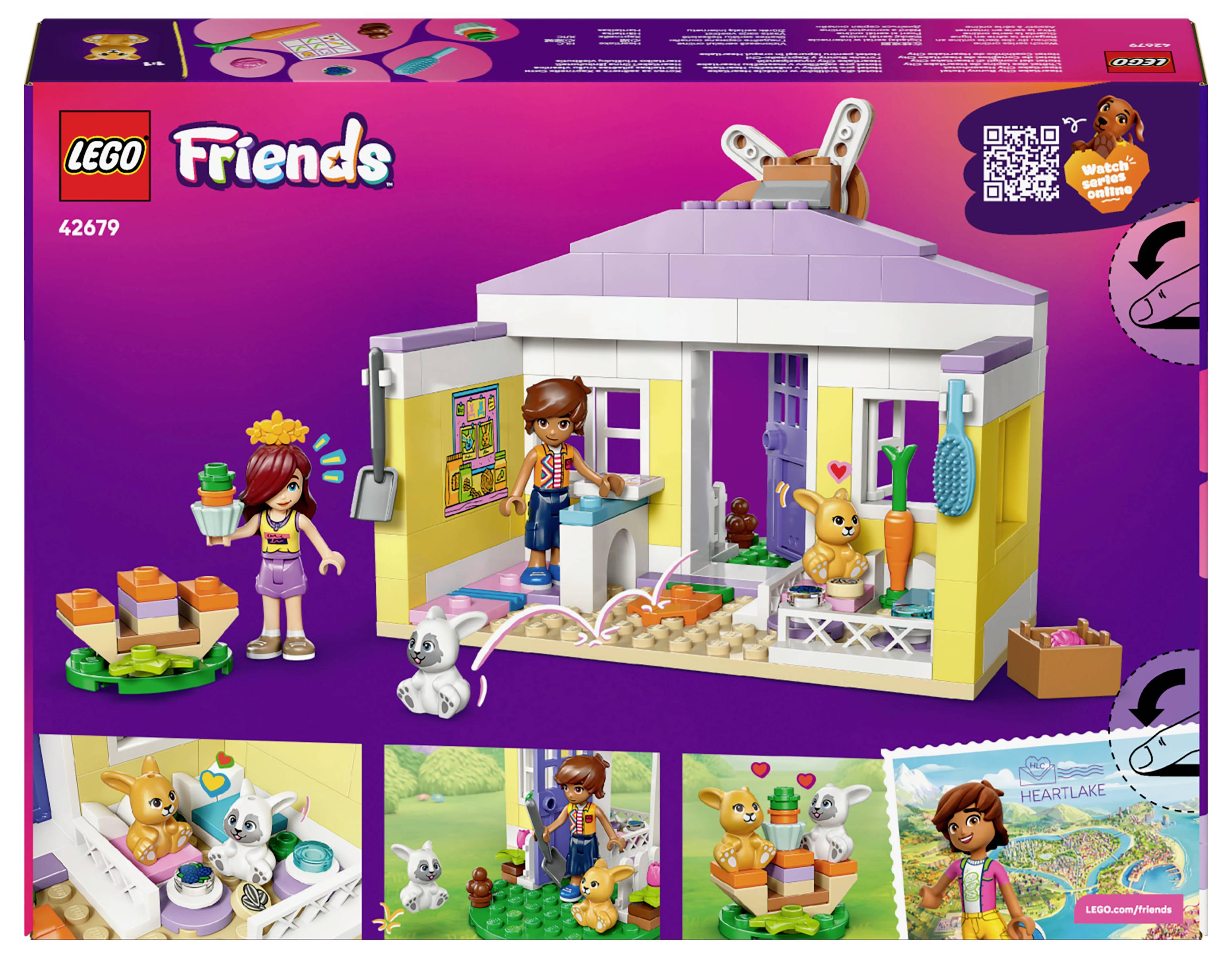 LEGO Friends szett 'Heartlake City' állatokkal és figurákkal egy színes házban. Tartalmaz mini figurákat, háziállatokat és kiegészítő játékelemeket.
