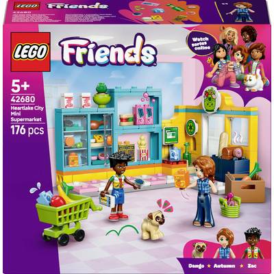 LEGO Friends szett, amely egy Heartlake City Mini Szupermarketet mutat be vásárló karakterekkel. Tartalmaz polcokat, pénztárat és egy bevásárlókocsit.
