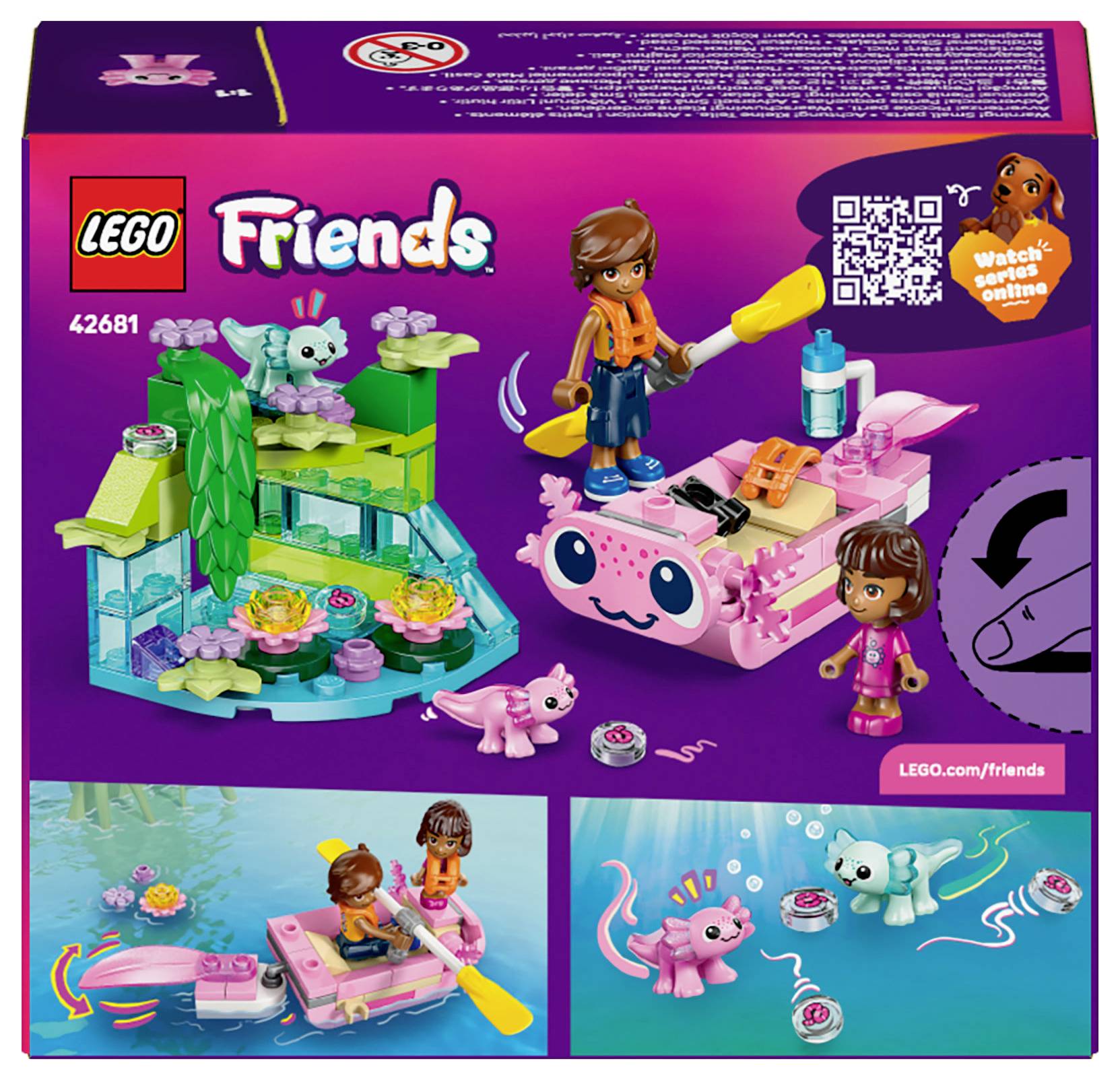 'A Lego Friends 42681-es szett doboza, amelyen figurák láthatók egy rózsaszín tutajon és egy zöld élőhelyen egy axolottal. Tartalmaz egy QR-kódos linket online videóhoz.'