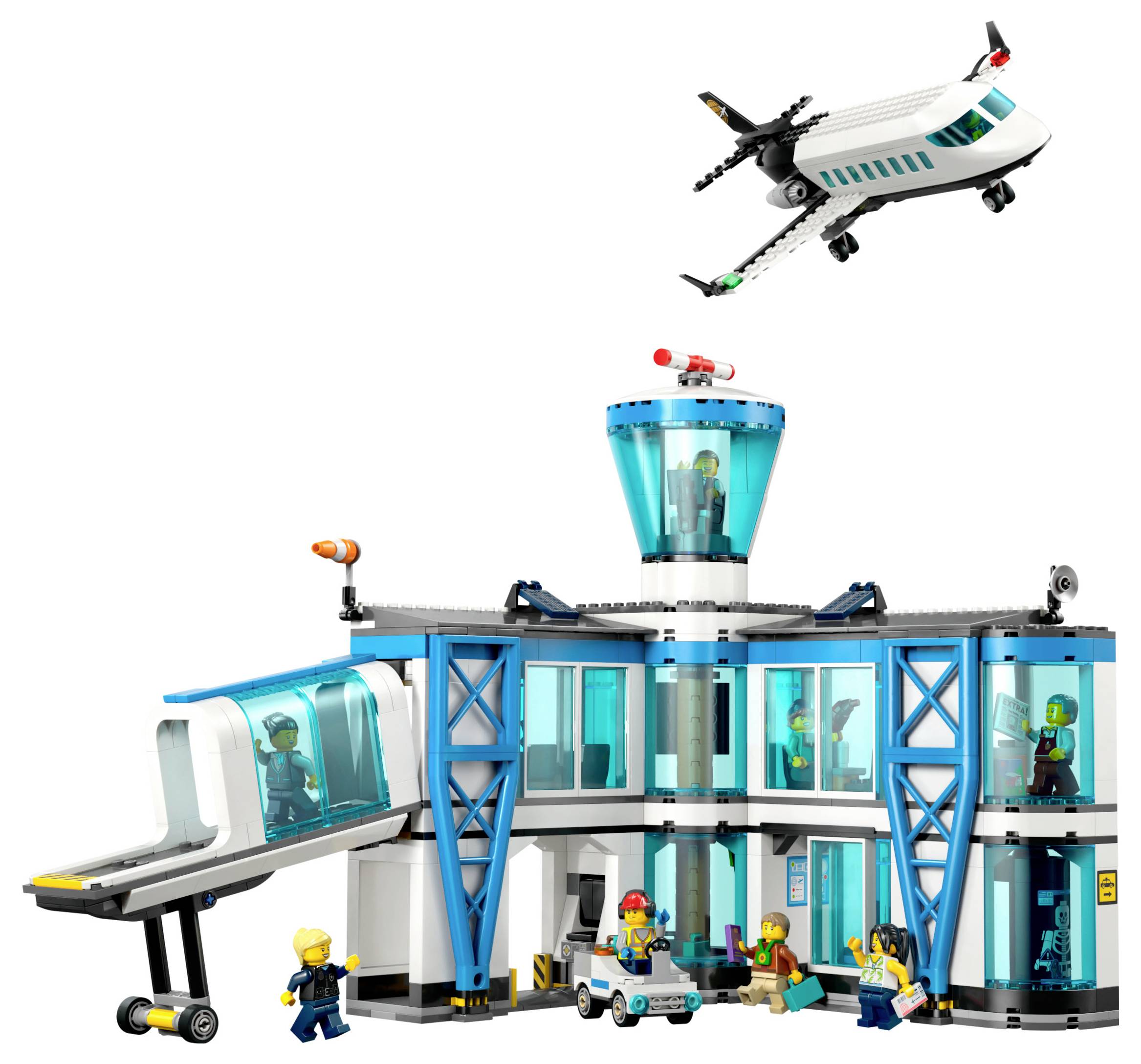 Repülőtéri LEGO készlet figurákkal a terminálban, irányítótoronyban, beszállítóhíddal és repülőgéppel a levegőben. A figurák feladatokat látnak el, mint a rakodás és a műveletirányítás.