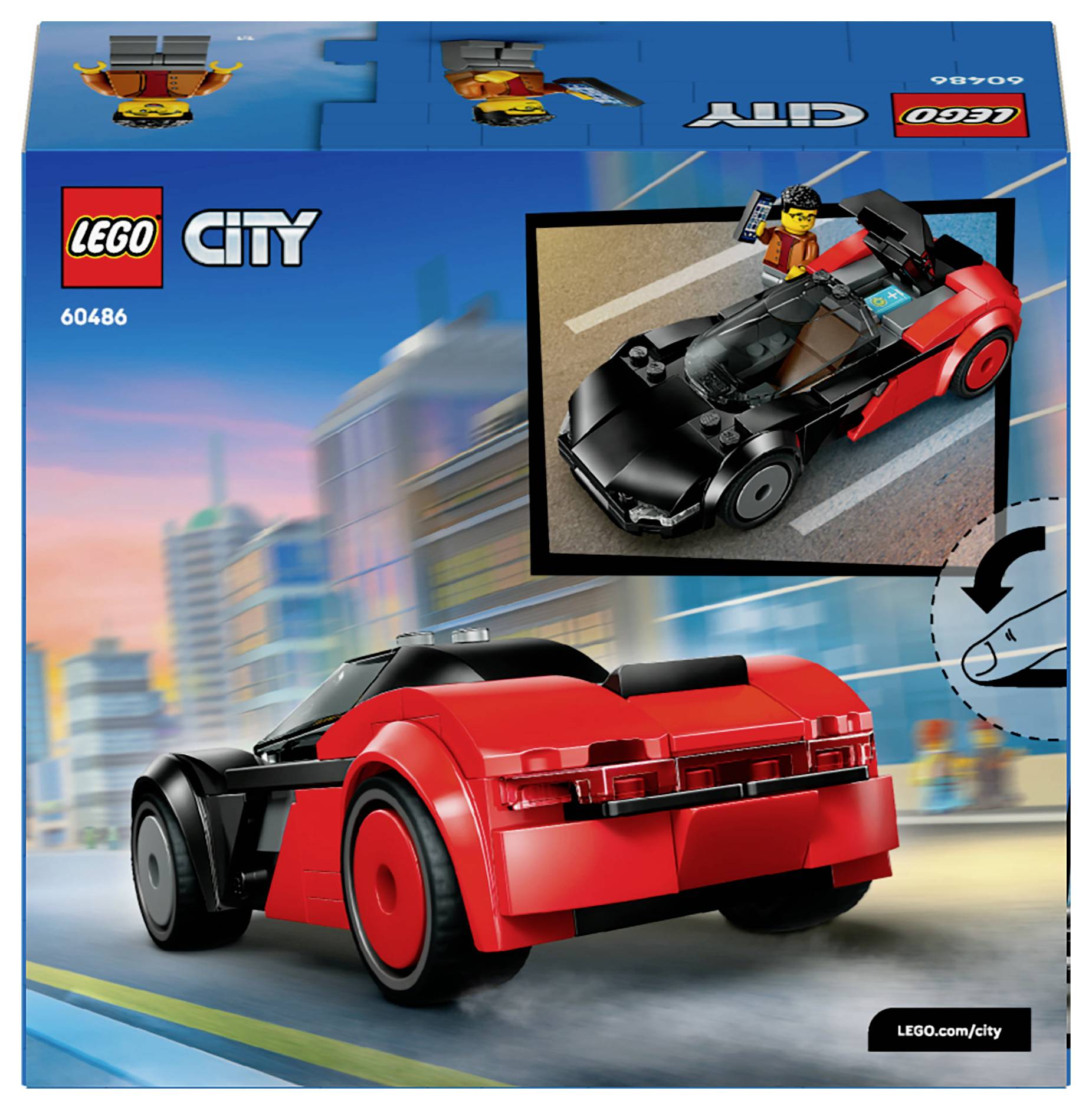 Lego City játékautó doboza, amelyen egy piros és fekete sportautó látható egy Lego figurával. A háttérben egy városi sziluett rajzolódik ki.