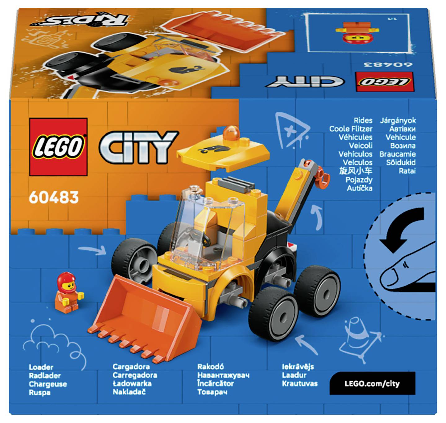 A kép egy LEGO City dobozt mutat, amelyen 'Loader' felirat szerepel, és egy narancssárga rakodógép játék, valamint egy minifigura látható a csomagoláson.