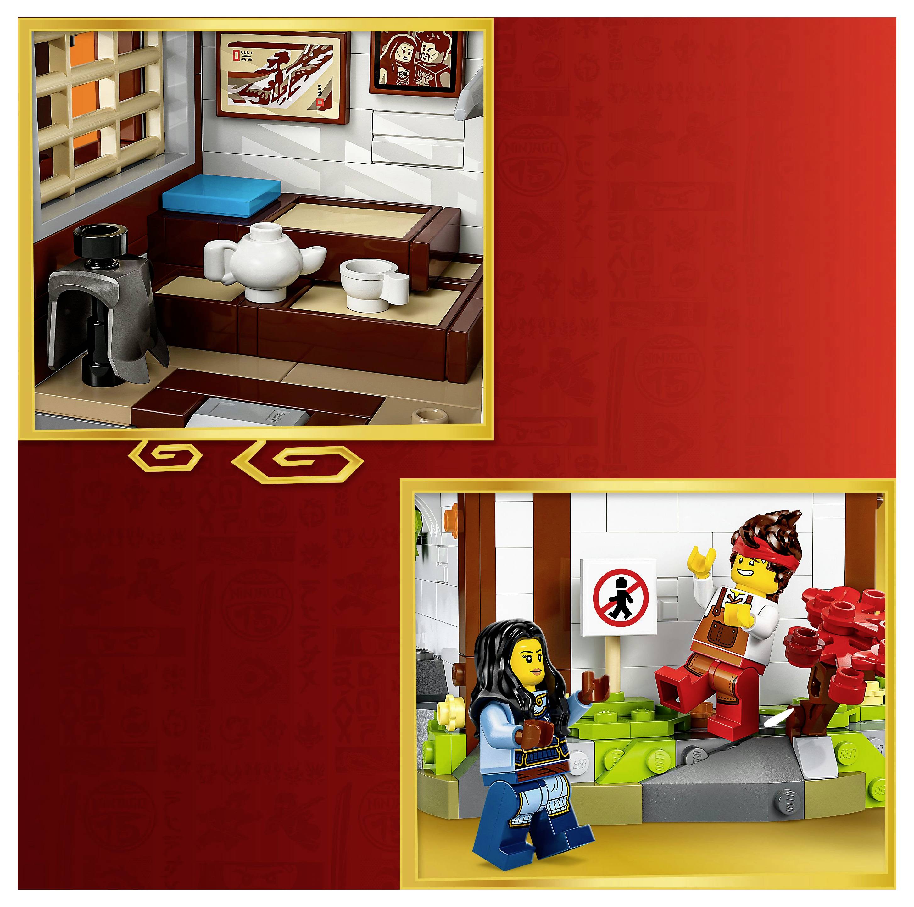 Lego jelenet: A felső kép egy konyhabelső berendezést mutat teáskannával és csészékkel. Az alsó kép két Lego figurát ábrázol, amint szabadtéren, egy kert közelében beszélgetnek.