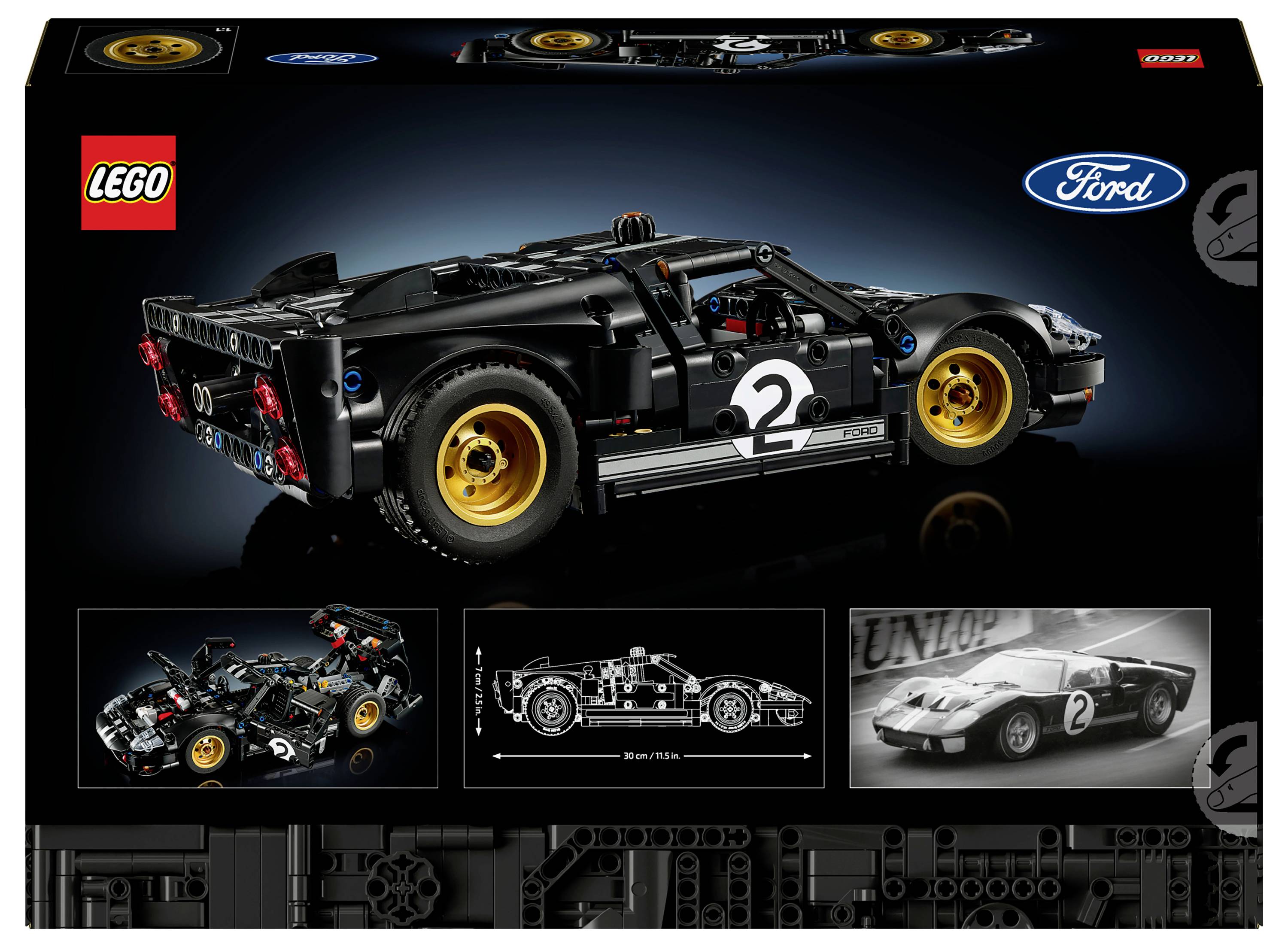 A Ford GT LEGO modellje fekete színben, arany kerekekkel, csomagoláson kiemeléssel. Részletes képeket tartalmaz az autóról és a LEGO készletről.