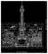 A Eiffel-torony körvonalának illusztrációja a környező párizsi épületekkel fekete háttéren, 30 cm x 27 cm méretben.