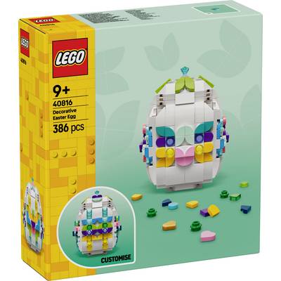 LEGO készlet doboz egy 'Dekoratív Húsvéti Tojás' számára, 9 éves kor felett ajánlott, 386 darabból áll. Színes építőelemeket és testreszabási lehetőségeket tartalmaz.