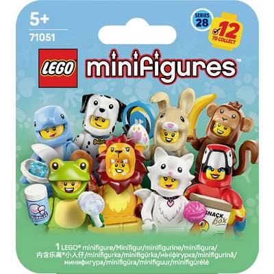 A LEGO Minifigurák 28-as sorozatának csomagolása különböző színes figurákat mutat, köztük állatokat és karaktereket, a '12 gyűjthető' felirattal.